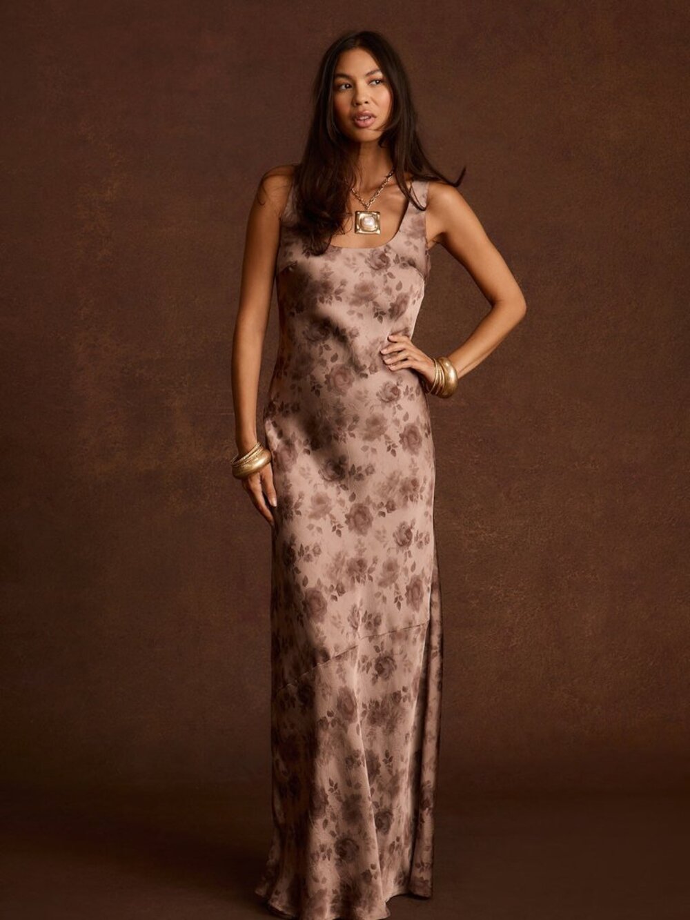 12th Tribe Orion Mocha Floral Satin Maxi Dress Size MM